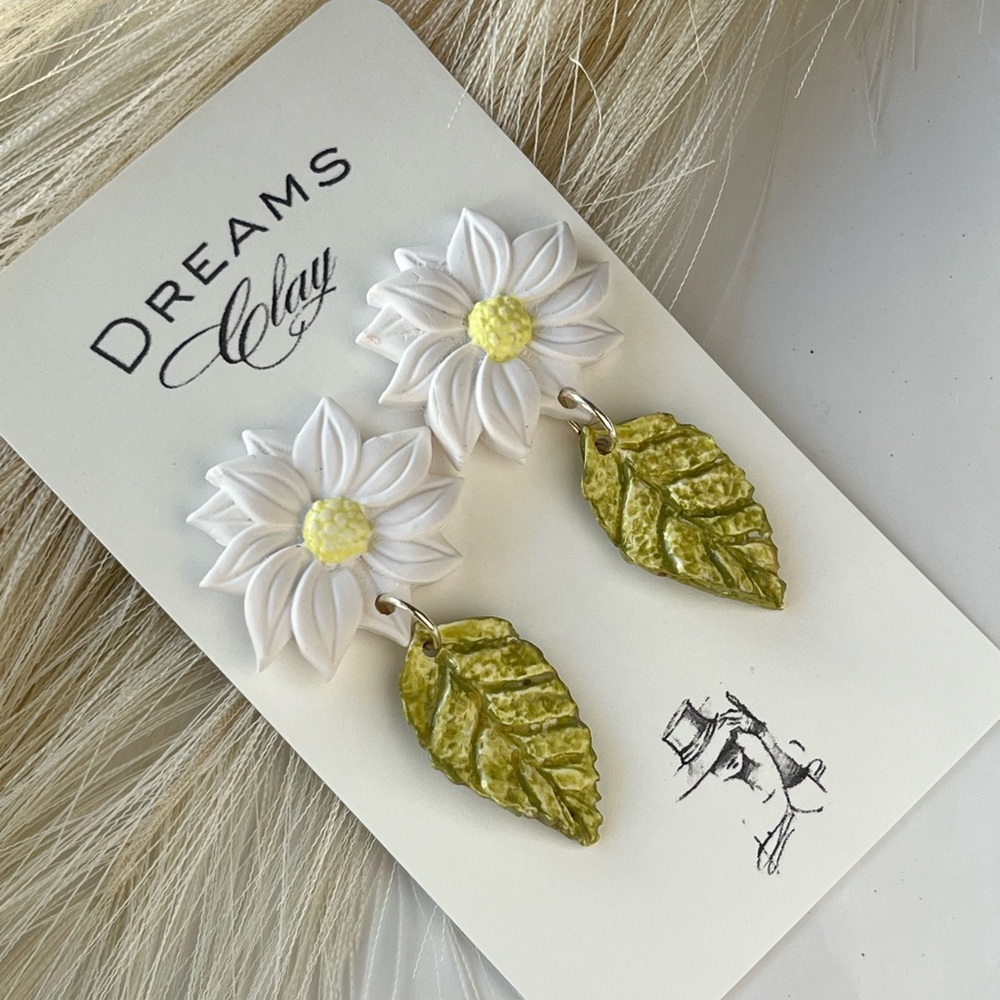 Dreams Clay White Daisy and Green Leaf Drop Earrings
